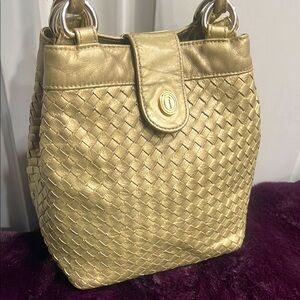 Ganson Vintage Gold Woven Leather Crossbody Tote Bag Dbl Strap Magnetic Close